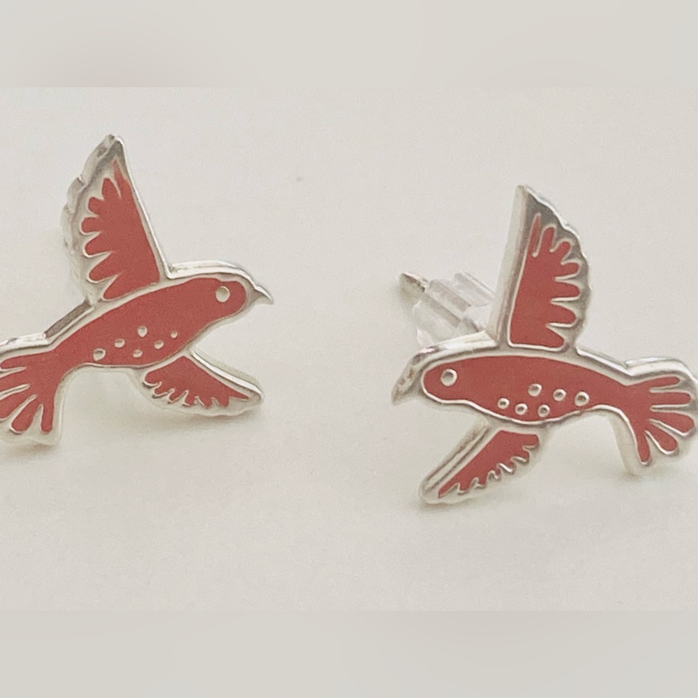 925 sterling silver and red enamel small bird stud pierced earrings